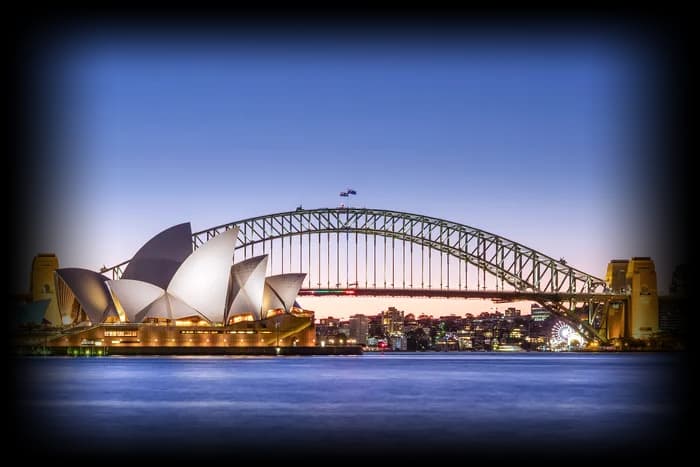 Sydney Opera House and the Harbour Bridge at dusk
